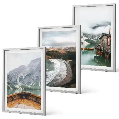 Set de 3 cuadros para salón con diseño de paisaje de montañas, lago, barco y playa