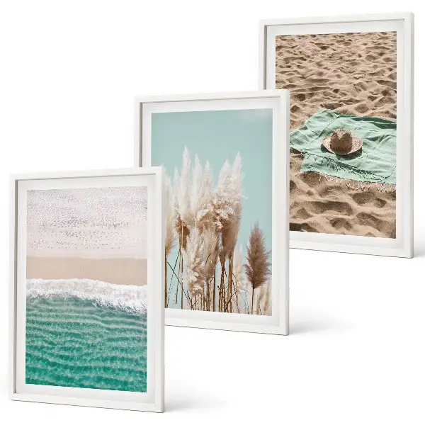 Set de 3 cuadros para salón con diseño de sombrero de hierba y olas de playa