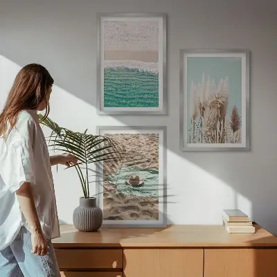 Set de 3 cuadros para salón con diseño de sombrero de hierba y olas de playa