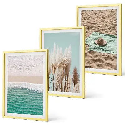Set de 3 cuadros para salón con diseño de sombrero de hierba y olas de playa