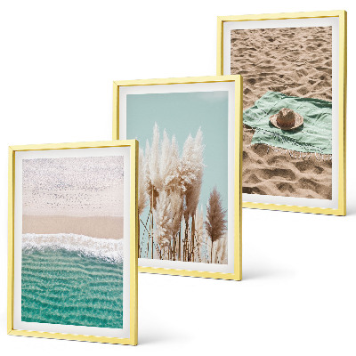 Set de 3 cuadros para salón Sombrero de hierba con olas de playa