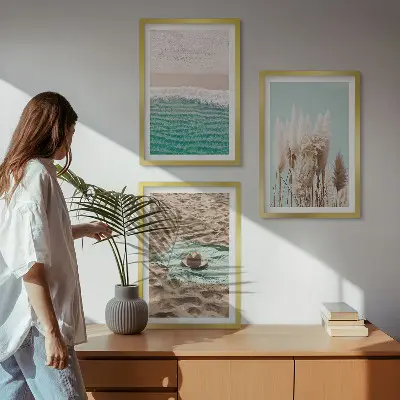 Set de 3 cuadros para salón con diseño de sombrero de hierba y olas de playa