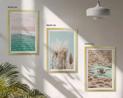 Set de 3 cuadros para salón con diseño de sombrero de hierba y olas de playa