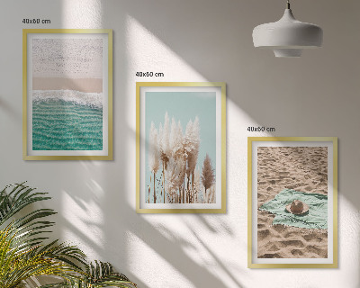 Set de 3 cuadros para salón Sombrero de hierba con olas de playa