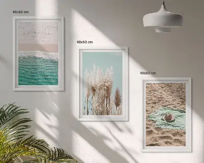 Set de 3 cuadros para salón con diseño de sombrero de hierba y olas de playa