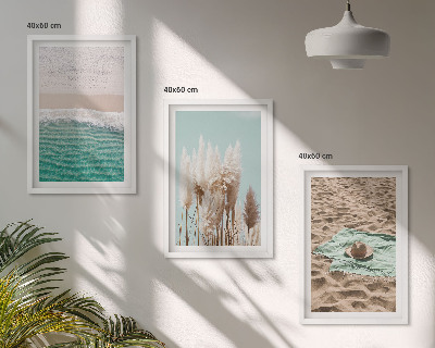 Set de 3 cuadros para salón Sombrero de hierba con olas de playa