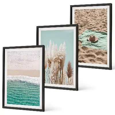 Set de 3 cuadros para salón con diseño de sombrero de hierba y olas de playa