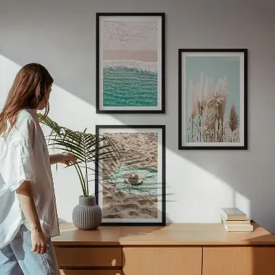 Set de 3 cuadros para salón con diseño de sombrero de hierba y olas de playa