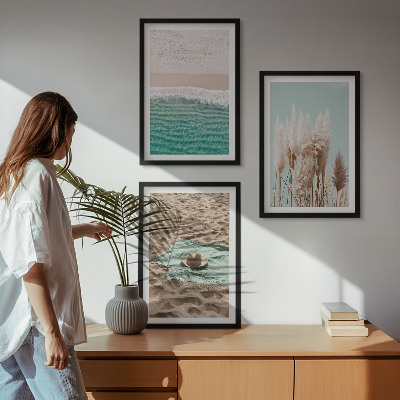 Set de 3 cuadros para salón Sombrero de hierba con olas de playa