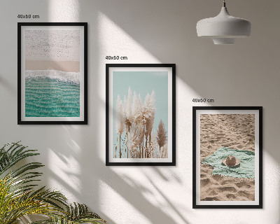 Set de 3 cuadros para salón Sombrero de hierba con olas de playa