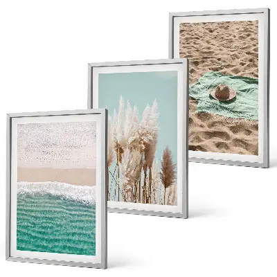 Set de 3 cuadros para salón con diseño de sombrero de hierba y olas de playa