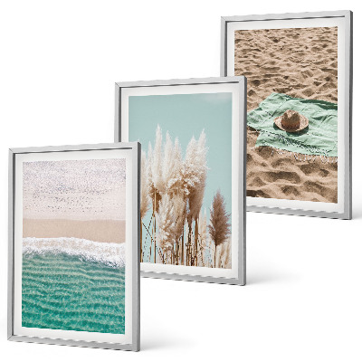 Set de 3 cuadros para salón Sombrero de hierba con olas de playa