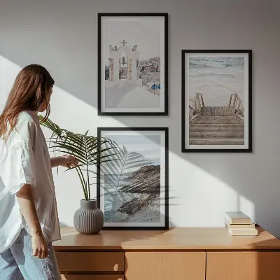 Set de 3 cuadros para salón con arquitectura marina de Santorini
