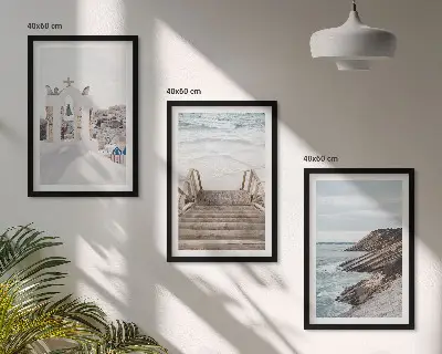 Set de 3 cuadros para salón con arquitectura marina de Santorini