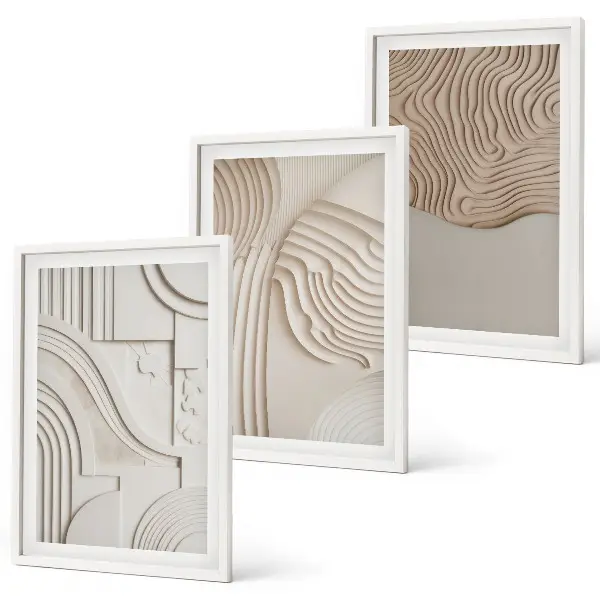 Set de 3 cuadros decorativos para salón con estampados abstractos en beige y blanco