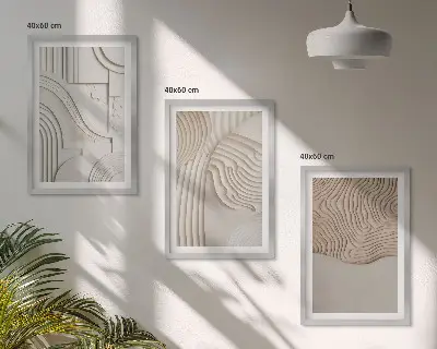 Set de 3 cuadros decorativos para salón con estampados abstractos en beige y blanco