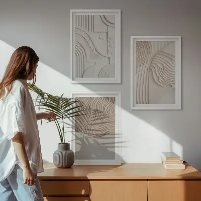 Set de 3 cuadros decorativos para salón con estampados abstractos en beige y blanco