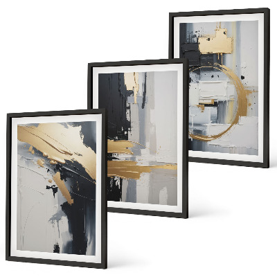 Juego de 3 cuadros Pintura abstracta en blanco y negro