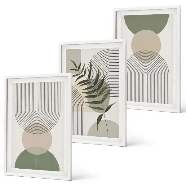 Set de 3 cuadros para salón con diseño de formas abstractas y vegetación