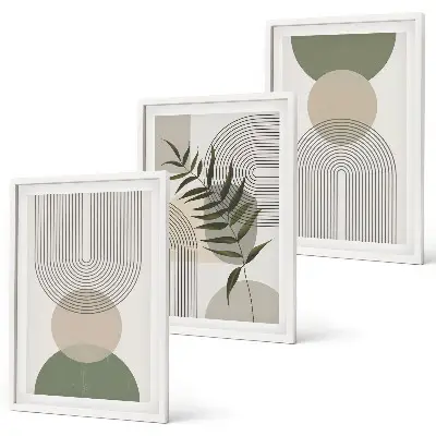 Set de 3 cuadros para salón con diseño de formas abstractas y vegetación