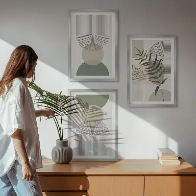 Set de 3 cuadros para salón con diseño de formas abstractas y vegetación