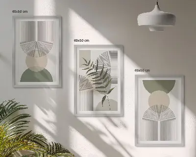 Set de 3 cuadros para salón con diseño de formas abstractas y vegetación