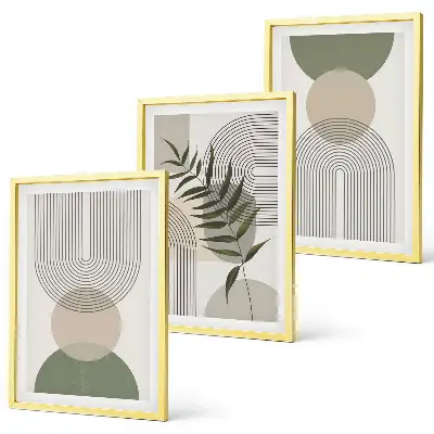 Set de 3 cuadros para salón con diseño de formas abstractas y vegetación
