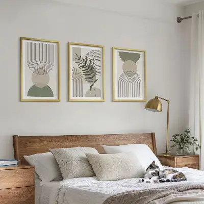 Set de 3 cuadros para salón con diseño de formas abstractas y vegetación
