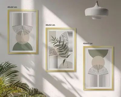 Set de 3 cuadros para salón con diseño de formas abstractas y vegetación