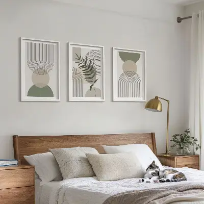 Set de 3 cuadros para salón con diseño de formas abstractas y vegetación