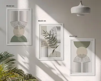 Set de 3 cuadros para salón con diseño de formas abstractas y vegetación