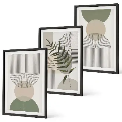 Set de 3 cuadros para salón con diseño de formas abstractas y vegetación