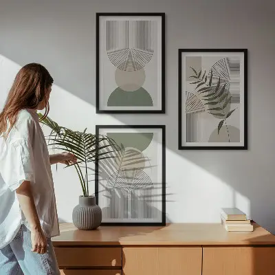 Set de 3 cuadros para salón con diseño de formas abstractas y vegetación