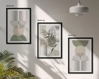 Set de 3 cuadros para salón con diseño de formas abstractas y vegetación