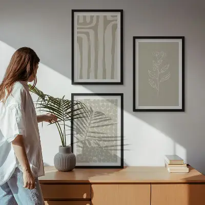 Set de 3 cuadros para salón con diseño de patrones geométricos de plantas