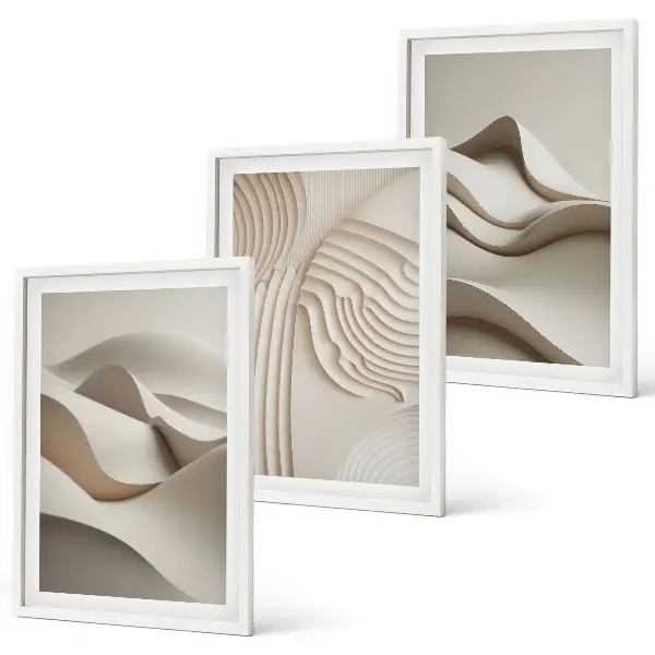 Juego de 3 cuadros diseño de ondas abstractas en color beige