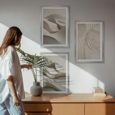 Juego de 3 cuadros diseño de ondas abstractas en color beige