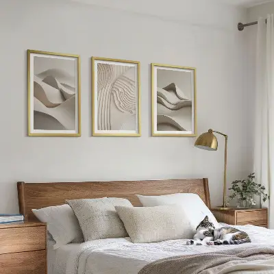 Juego de 3 cuadros diseño de ondas abstractas en color beige