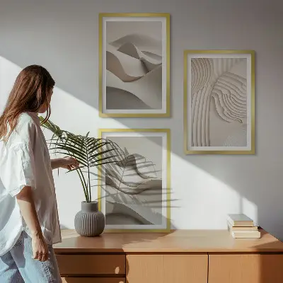 Juego de 3 cuadros diseño de ondas abstractas en color beige