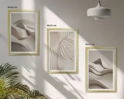 Juego de 3 cuadros diseño de ondas abstractas en color beige