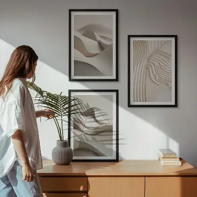 Juego de 3 cuadros diseño de ondas abstractas en color beige