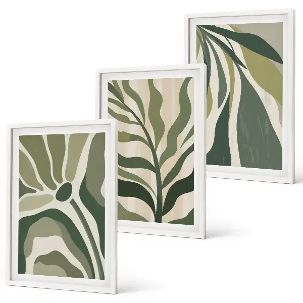 Set de 3 cuadros para salón con ilustraciones de hojas verdes pintadas