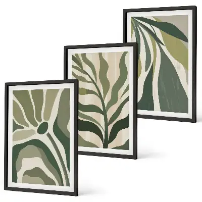 Set de 3 cuadros para salón con ilustraciones de hojas verdes pintadas