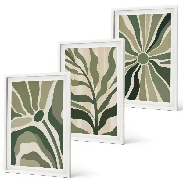 Juego de 3 cuadros con patrones de plantas en tonos verdes y beige