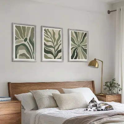 Juego de 3 cuadros con patrones de plantas en tonos verdes y beige