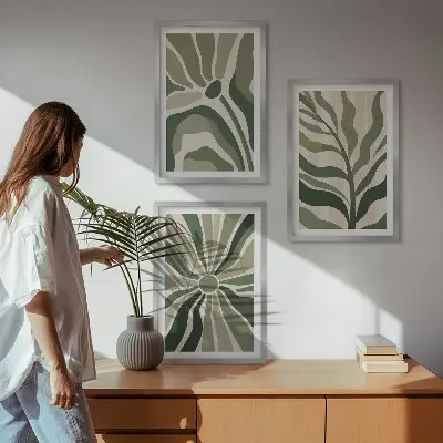 Juego de 3 cuadros con patrones de plantas en tonos verdes y beige