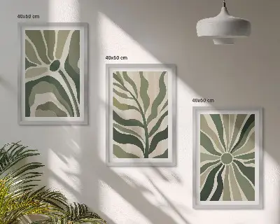 Juego de 3 cuadros con patrones de plantas en tonos verdes y beige