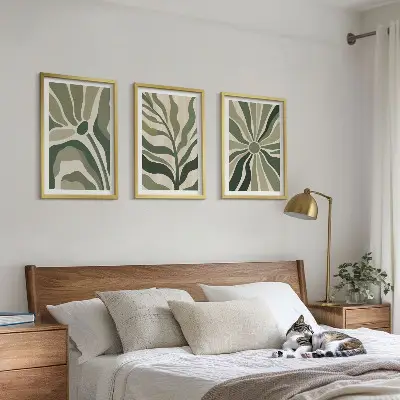Juego de 3 cuadros con patrones de plantas en tonos verdes y beige