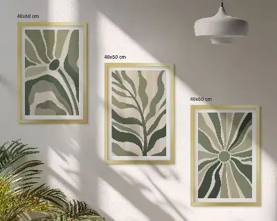 Juego de 3 cuadros con patrones de plantas en tonos verdes y beige
