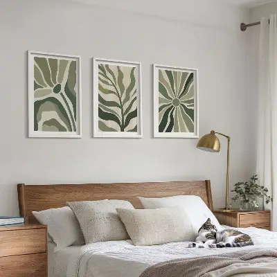 Juego de 3 cuadros con patrones de plantas en tonos verdes y beige
